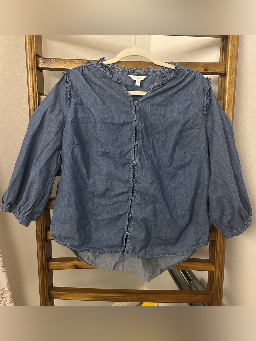 LC Lauren Conrad Chambray Blue Ruffle-Trim Blouse